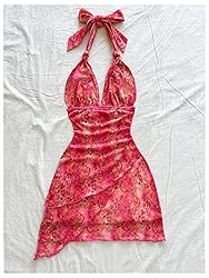 BEAUDRM Women's Floral Print Sleeveless Halter Deep