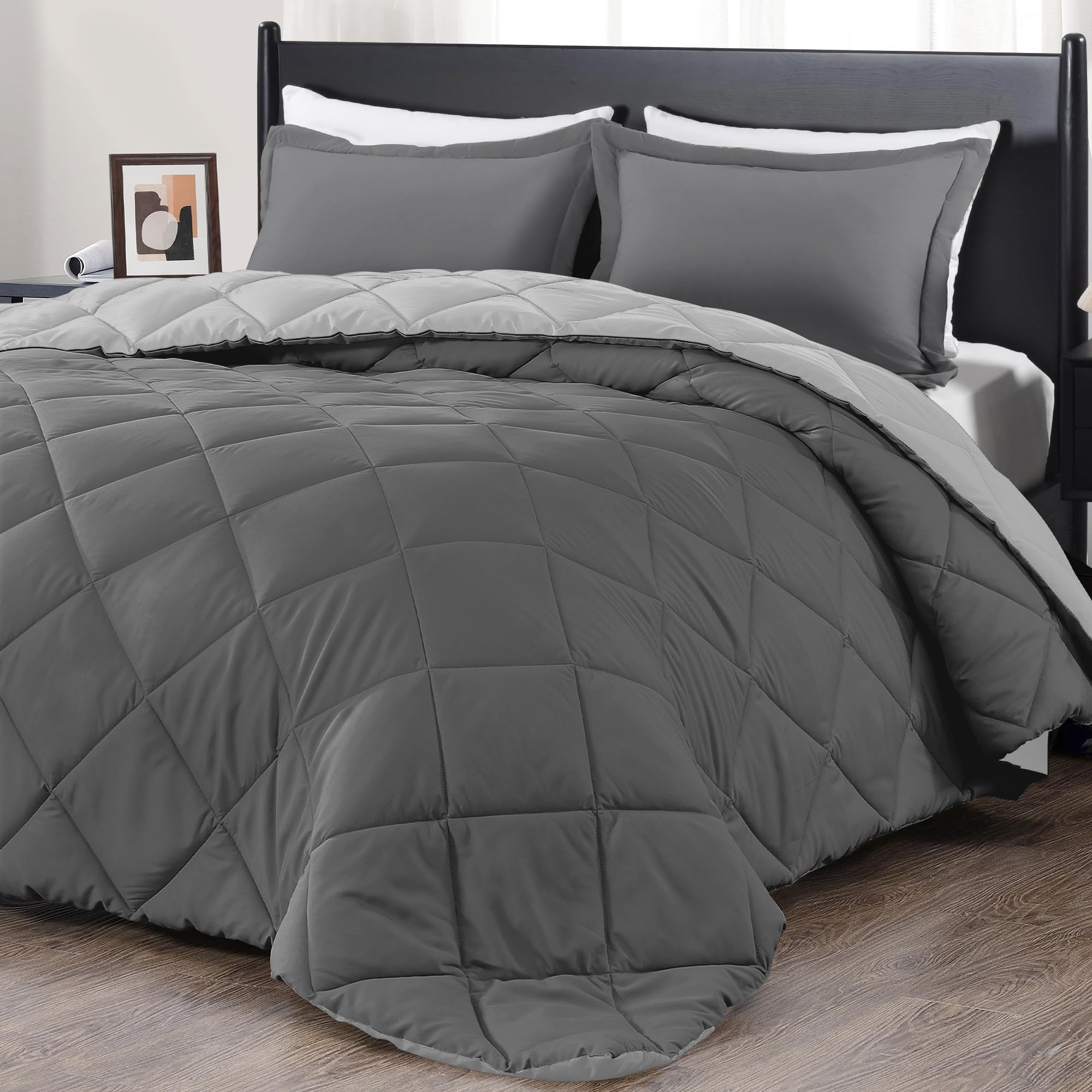 Photo 1 of downluxe King Size Comforter Set - Charcoal and Grey King Comforter, Soft Bedding Sets for All Seasons -3 Pieces - 1 Comforter (104"x92") and 2 Pillow Shams(20"x36")