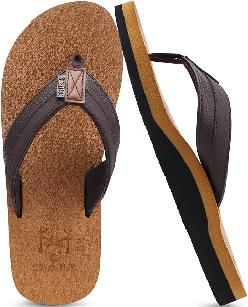 KuaiLu Mens Leather Flip Flops with Comfortable Arch Support Summer Beach | Yoga Mat Cushion Walking Thong Sandals Slip On In