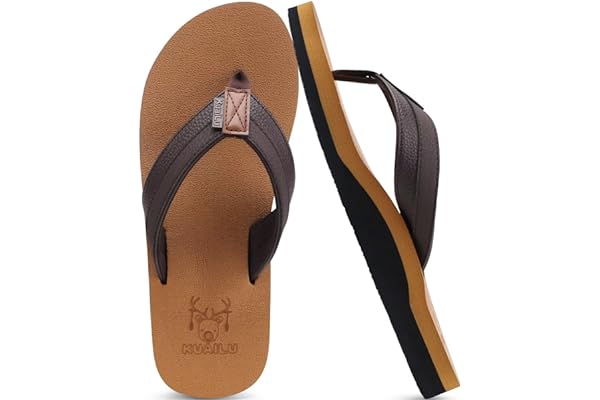 KuaiLu Men's Yoga Mat Leather Flip Flops Thong Sandals with Arch Support