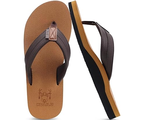 KuaiLu Mens Leather Flip Flops Arch Support Summer Beach Pool