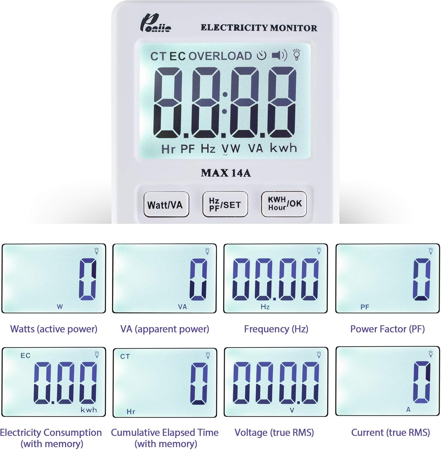 Poniie PN1500 Portable Micro Electricity Usage Monitor Electrical Power Consumption Watt Meter Voltage Amp Tester (110V, 1500W)) - - 