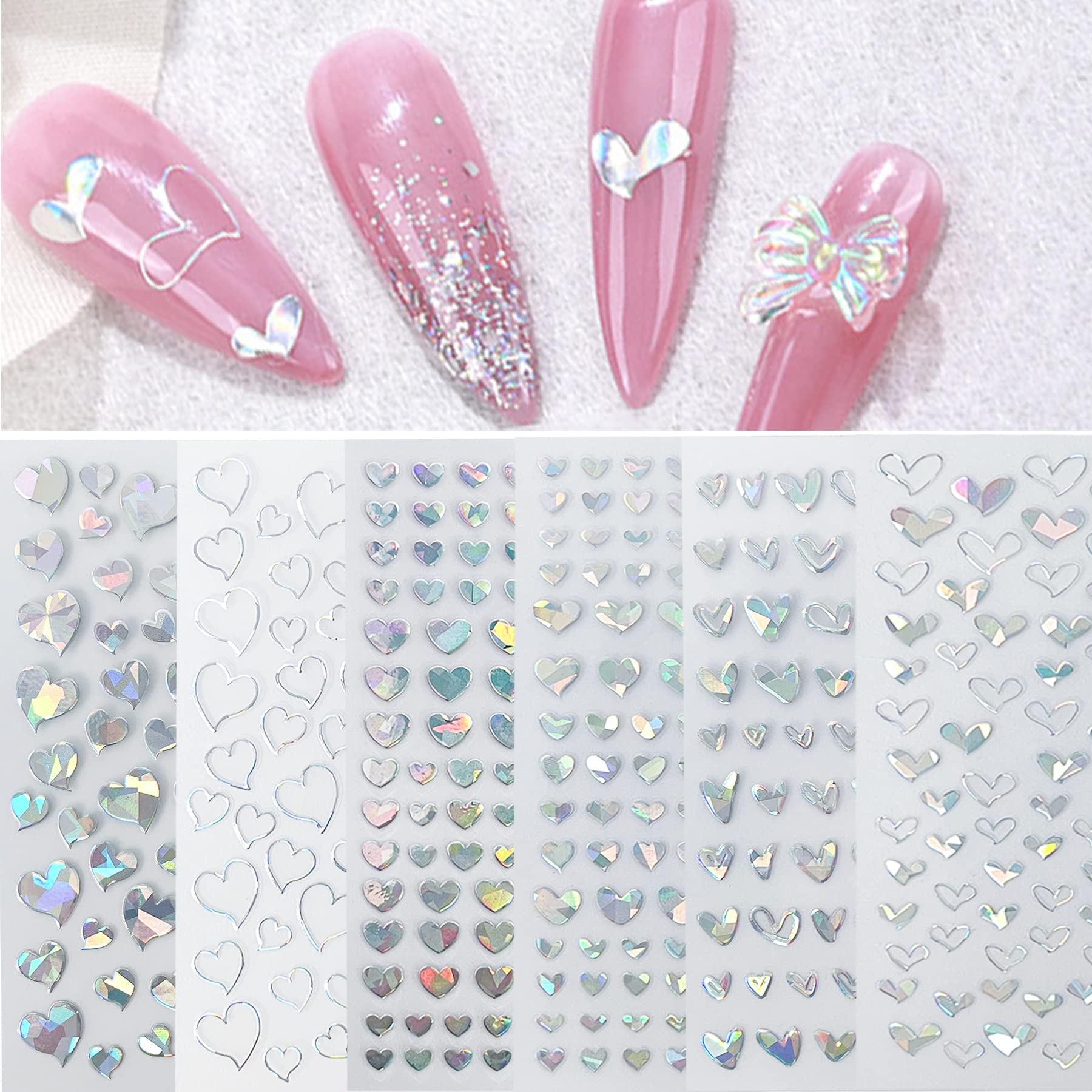 Photo 1 of Laser Silver Hearts Nail Stickers for Nail Art Designs and Nail Decorations 3D Self Adhesive Nail Art Decals for Women Girls Kids for Fingernails Acrylic Nails Decor (6 Sheets)
