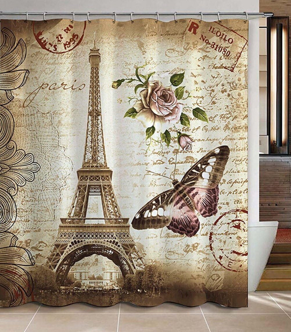 Jibin Bong Morning-Sunshine 72 x 72 Inch Paris Eiffel Tower Shower Curtain, Heavy-Duty Waterproof Polyester Fabric Shower Curtains, Butterfly and Flower Pale Brown Bathroom Curtain