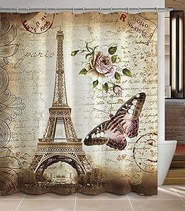 Jibin Bong Morning-Sunshine 72 x 72 Inch Paris Eiffel Tower Shower Curtain, Heavy-Duty Waterproof Polyester Fabric Shower Curtains, Butterfly and Flower Pale Brown Bathroom Curtain