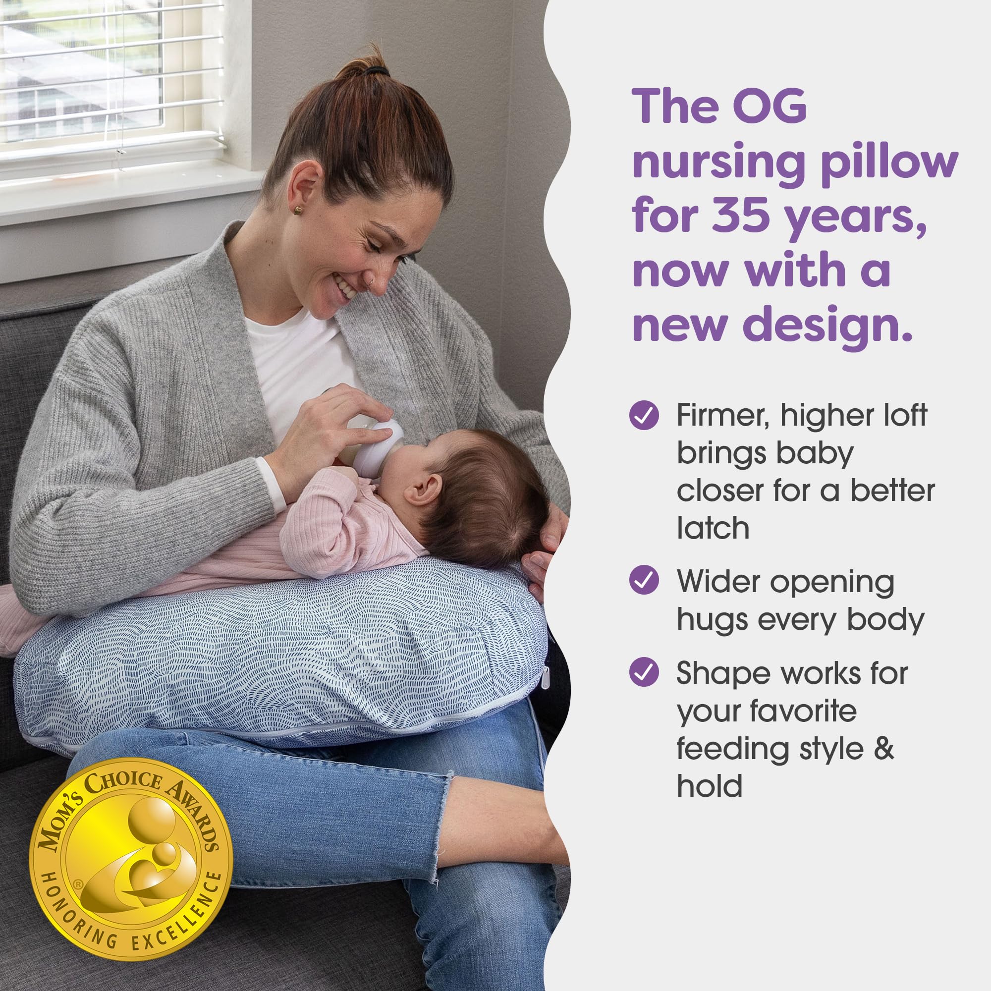 Boppy Nursing Pillow - Ergonomic Bottle & Breastfeeding Pillow with High, Firm, Large Area, Water-Repellent Cushion with Washable Cover; Baby Safety Alliance Verified - Blue Speckled Current