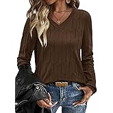 OFEEFAN Womens Sweaters Long Sleeve Shirts Fall Outfits 2026 V Neck Soft Knit Pullover Trendy Tops Dressy Casual Blouses