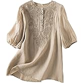 DOVWOER Women's Cotton Linen Embroidery Tunic 3/4 Lantern Sleeve Blouses Casual Shirt Tops
