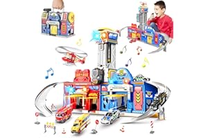 TERRAMUS Kids Toys for 3 4 5 6 Years Old Boys,29.5'' Large City Action Rescue Vehicle Toddler Playset with Lights Sounds,Police & Fire Station Transform Track with 4 Cars Helicopter Gifts for Boy Girl