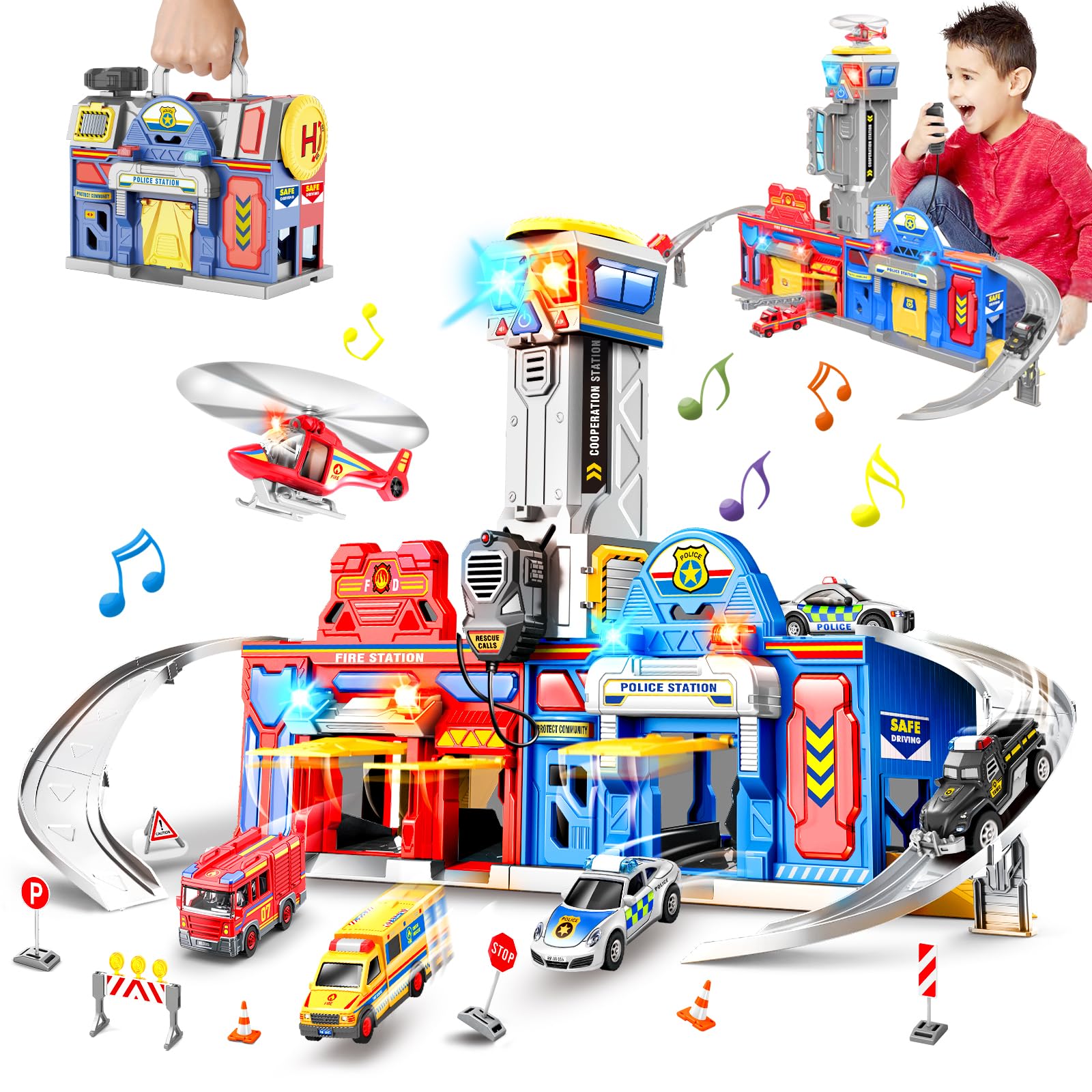 Photo 1 of ***MISSING PARTS*** TERRAMUS Kids Toys for 3 4 5 6 Years Old Boys,29.5'' Large City Action Rescue Vehicle Toddler Playset with Lights Sounds,Police & Fire Station Transform Track with 4 Cars Helicopter Gifts for Boy Girl