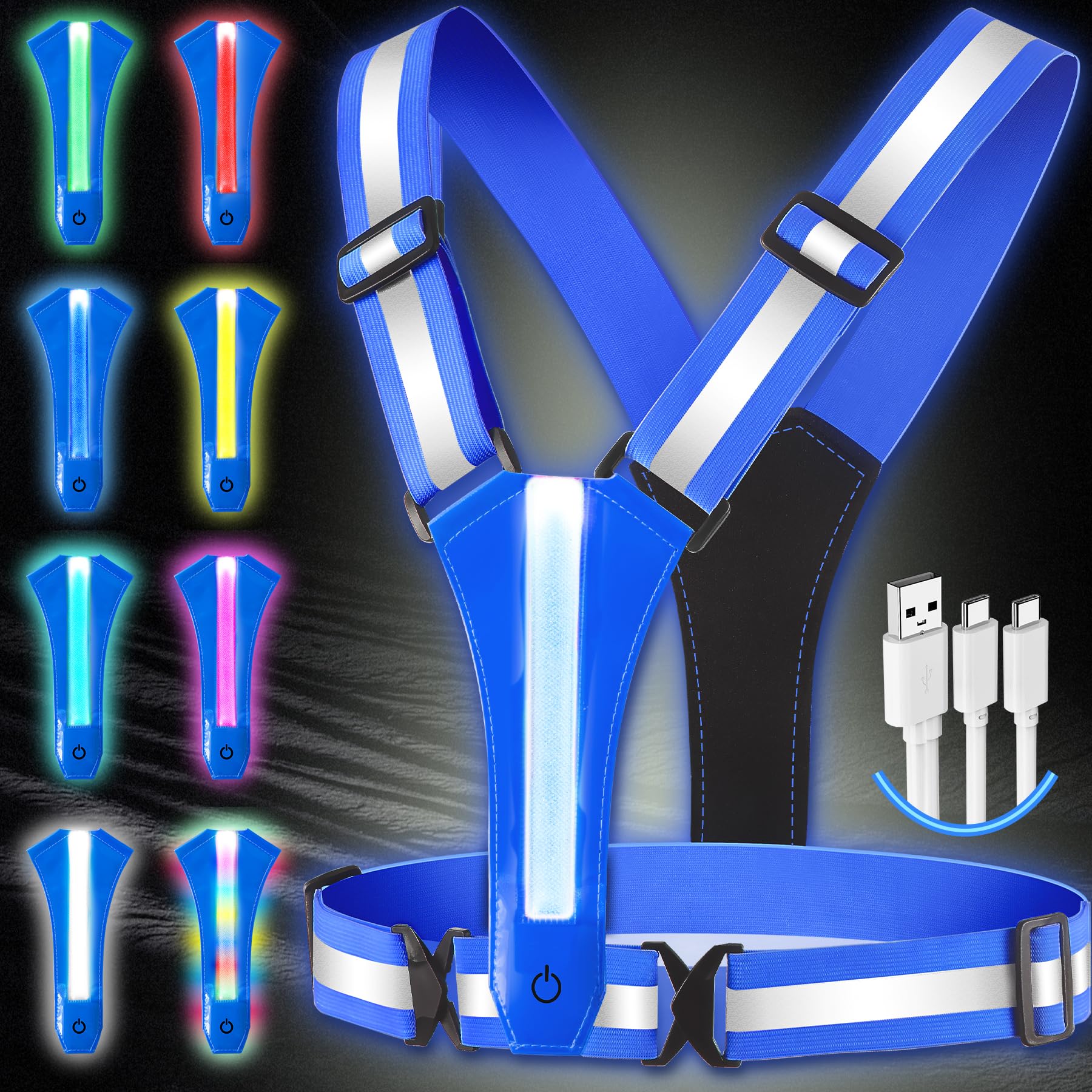 Topward LED Reflective Vest Running Gear, 8 Lights Colors Illuminated, USB-C Rechargeable, Hi Vis Safety Vest with Adjustable Waist/Shoulder, Light Up Vest for Night Dog Walking Cycling