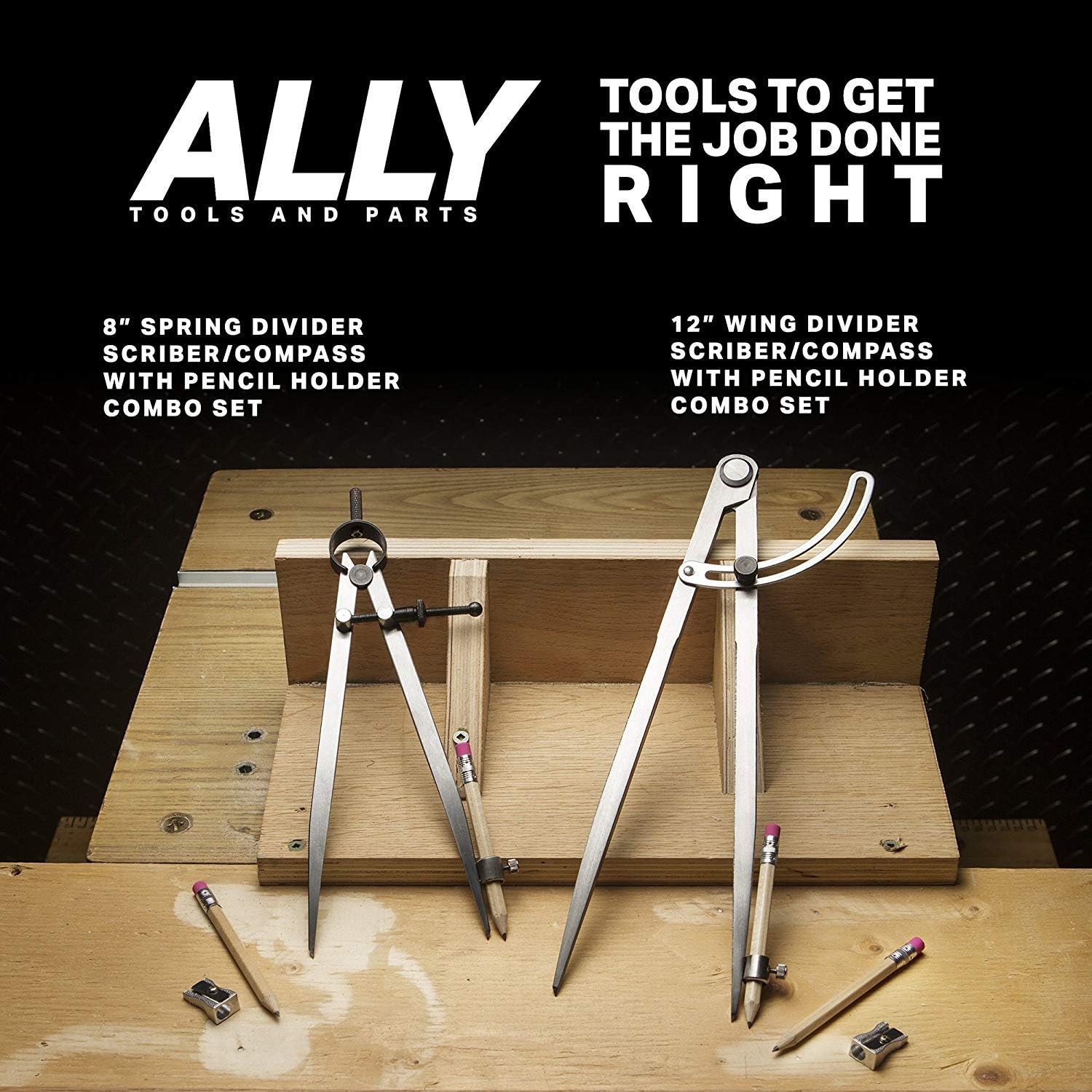 ALLY Tools Professional 12 inch Locking Wing Divider Pencil Holder/Compass Scribe INCLUDES Two Pencils and Metal Pencil Sharpener Ideal for Drawing Circles, Woodworking, Metalworking, and Leather Work: Home Improvement