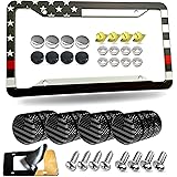 Aootf American Flag License Plate Frame- USA Patriotic Car Tag Cover with Black/Chrome Screws Caps, 4 Hole Novelty Thin Red L