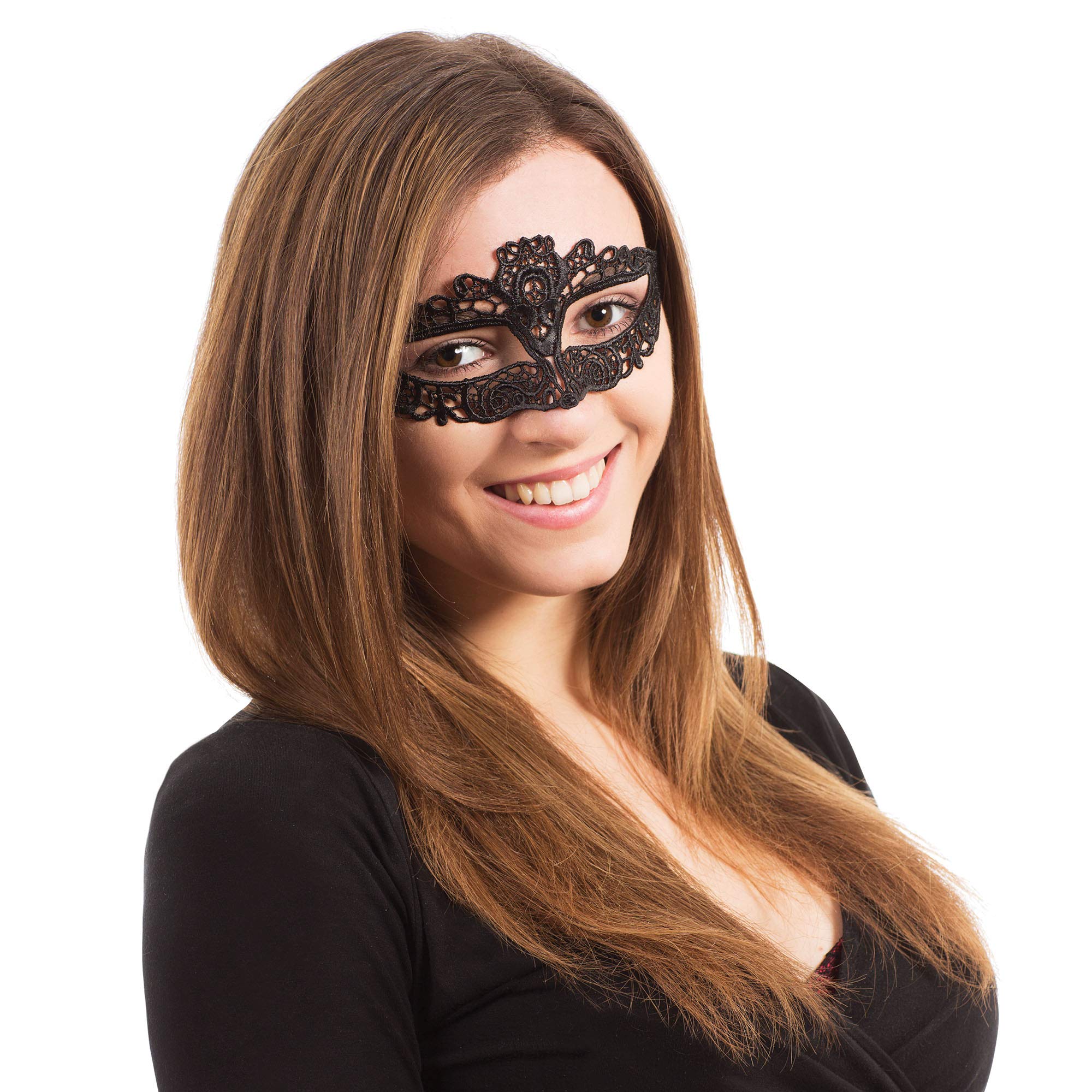 Black Lace Eyemask With Slimline Ribbon Tie,1 Pc. - Elegant Design, Perfect Accessory for Masquerades, Costume Parties, Carnival, Halloween, & More Halloween