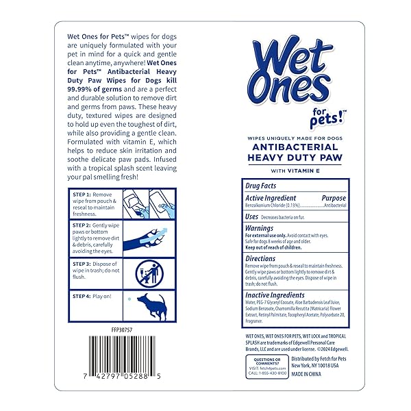 WET ONES FOR PETS ANTIBACTERIAL HEAVY DUTY PAW WIPES, TROPICAL SPLASH SCENT – THICK DOG CLEANING WIPES – SCENTED, DURABLE AND DISPOSABLE DOG WIPES FOR PAWS, 50 COUNT