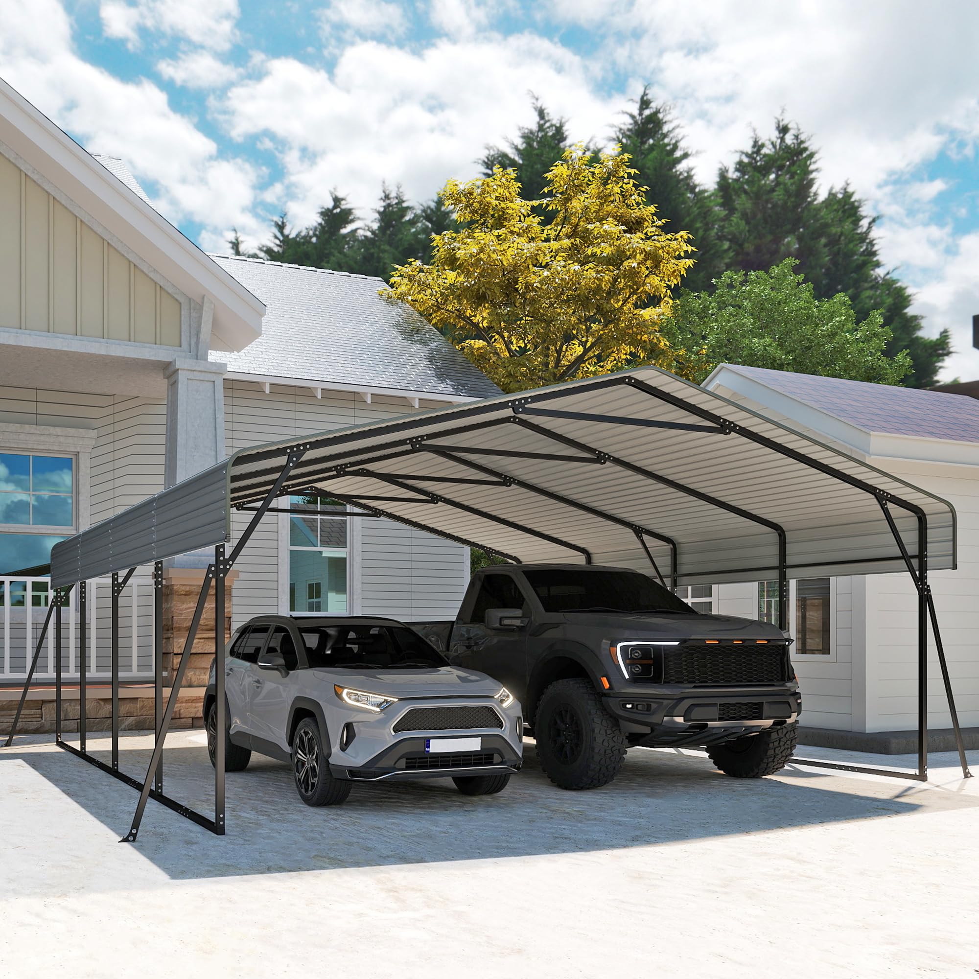 Photo 1 of ** only 4 out of 5 boxes are included missing parts ** truck pick up recommended ** Real Relax 20x20ft Heavy Duty Metal Carport with Galvanized Steel Roof, 4 Support Legs, Outdoor Car Port Shelter for 2 Cars, Trucks and Boats