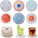 Fun Mid Century Modern Outdoor Coasters Patio Table Boho Cute Coaster Set | Funny Ceramic Absorbent Coasters with Holder Colorful Desk Coaster for Drinks Decor Cool Unique Beach Stone Coaster Set of 6