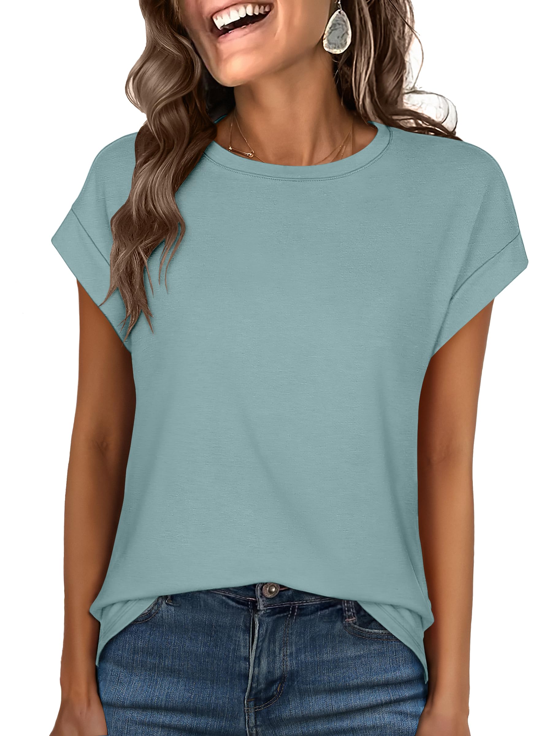 Photo 1 of ANRABESS Womens Tops Summer Cap Sleeve Basic Tee Shirts 2025 Trendy Loose Fit Casual Dressy Business Work Tshirts Clothes Cadet Blue Medium