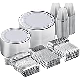 N9R 600PCS Silver Disposable Plastic Plates, Silver Plastic Dinnerware Set Includes 100 Dinner Plates, Dessert Plate, Cups, Spoons, Forks, Knives for 100 Guests, Perfect for Party, Wedding, Birthday