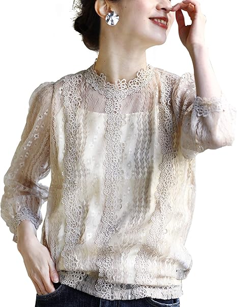 Amazon フレンチパヴェ 華やかなレースフェミニンブラウス 2点セット レディース 花柄 総レース エレガント 切り替え インナー付き シャツ ブラウス 通販