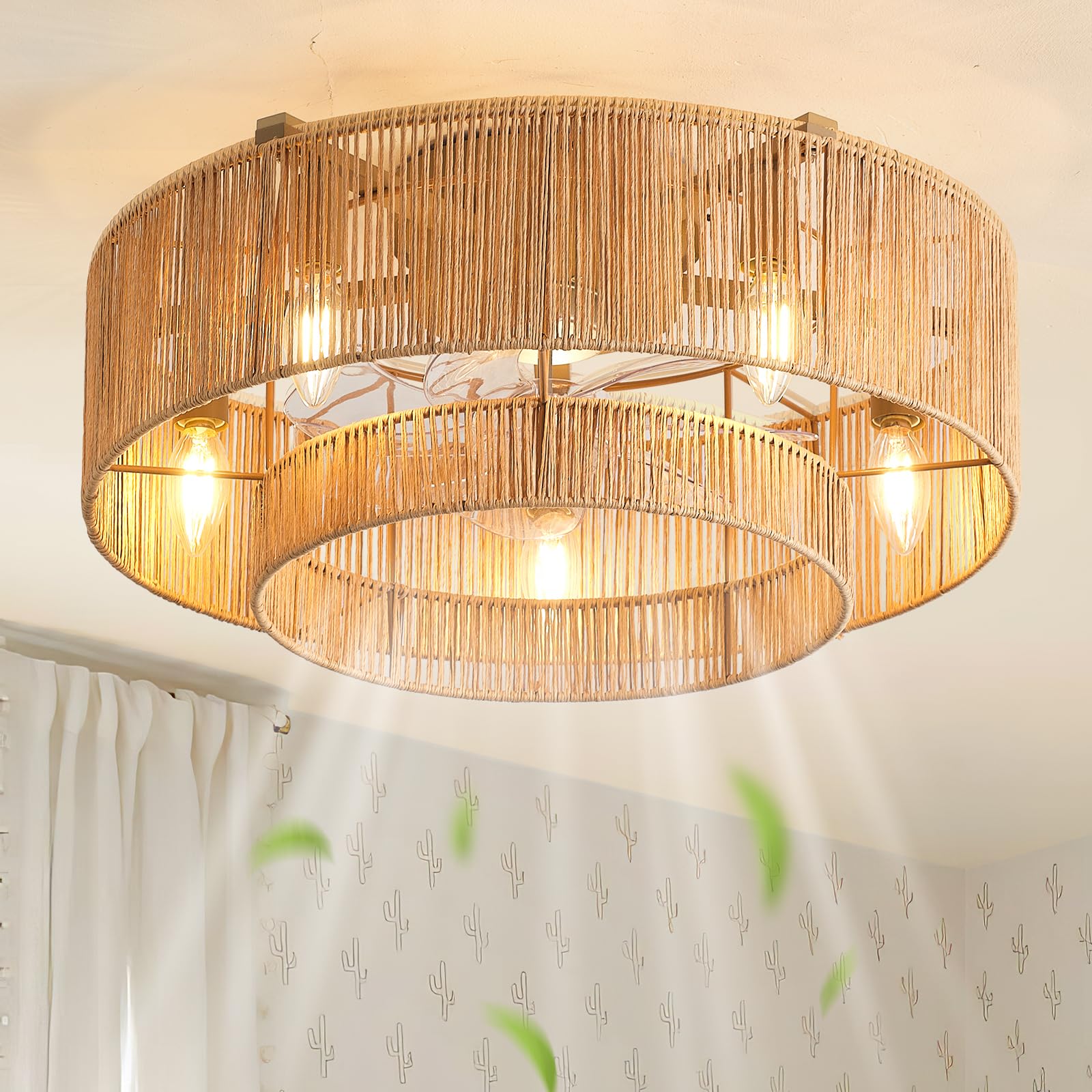 Photo 1 of **MISSING BRACKET AND REMOTE/NOT IN ORIGINAL PACKAGE**20'' Rattan Boho Ceiling Fan with Light, Enclosed Caged Ceiling Fans with Lights and Remote Control, Coastal Flush Mount with Reversible 6 Speeds for Living Room Bedroom Kitchen
