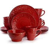 Elama Malibu Ocean Bloom 16-Piece Stoneware Embossed Pattern Reactive Glaze Red Dinnerware Set, Tableware, Serveware Set (Ocean Bloom Red)