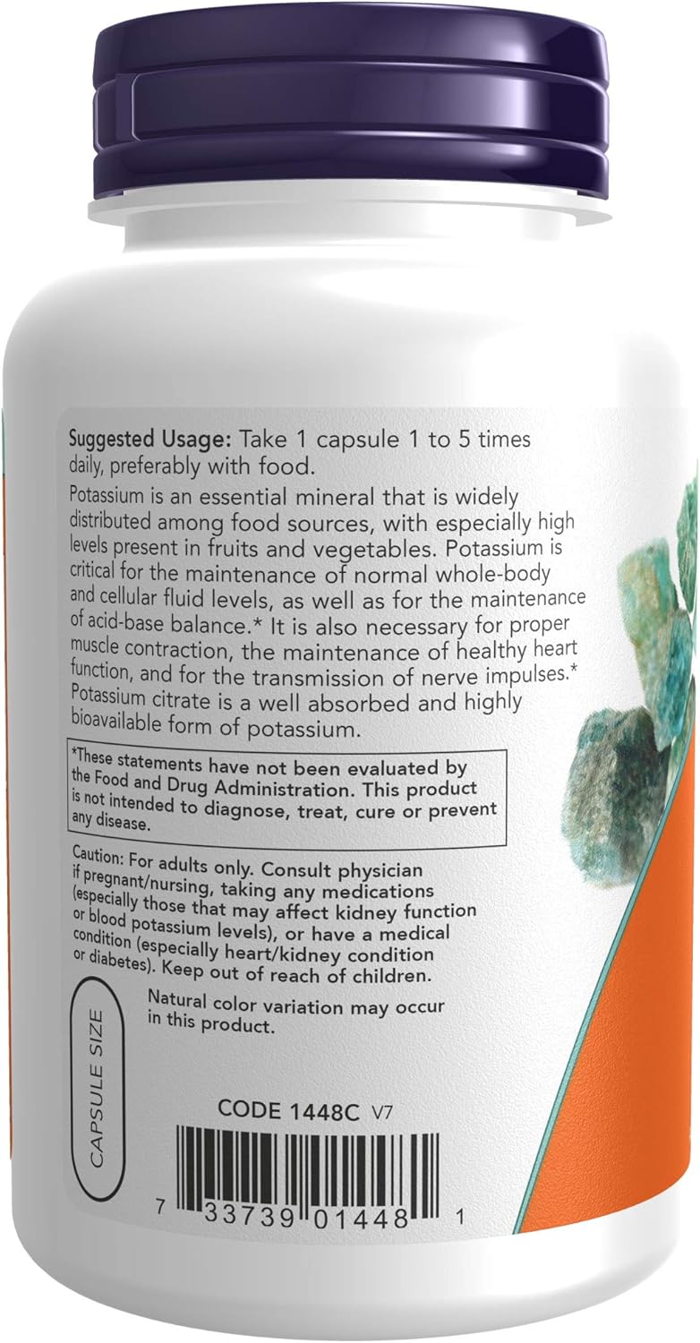 NOW Supplements, Potassium Citrate 99 mg, Supports Electrolyte Balance and Normal pH*, Essential Mineral, 180 Veg Capsules: Health & Personal Care