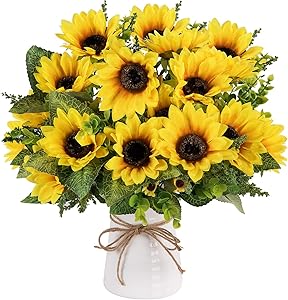 Artificial Sunflower Bouquet, Silk Sunflower Artificial Sunflower with Stems Leaves Artificial Sunflowers Bundles Fake Sunflower for Wedding Bridal Party Garden Home Decor