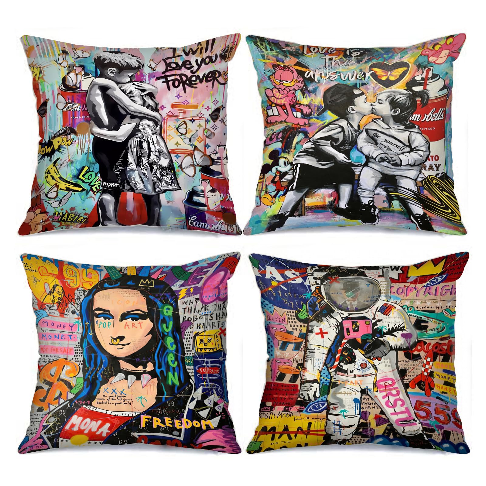 Tucocoo Banksy Street Graffiti Hugs Picture Cushion Covers Mona Lisa Pillow Decorative 18x18inch Set of 4 Astronaut Little Boy and Girl Kiss Throw Cases for Sofa Living Room