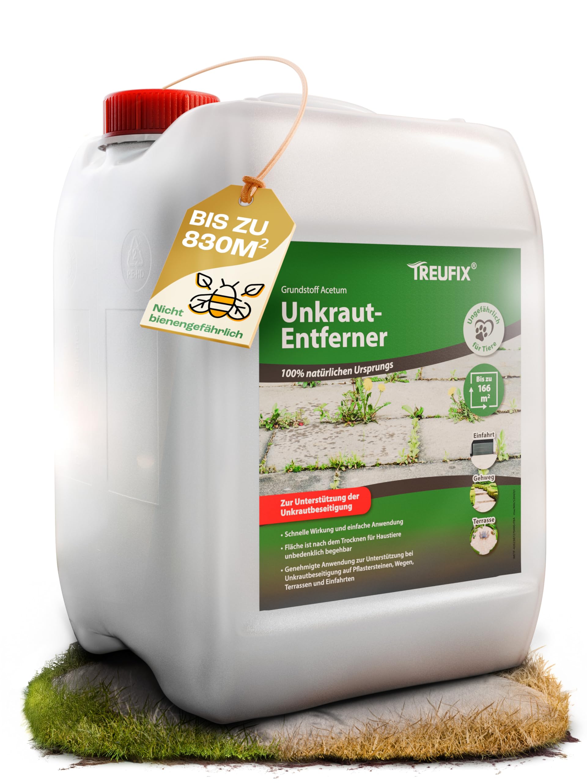 Treufix Konzentrat zur Unkrautentfernung Grundstoff Acetum (Essigsäure) Ohne Glypohosat zur Unterstützung bei Unkrautbeseitigung auf Pflastersteine, Gartenwege, Terrasse & Einfahrt 5L - Made in DE