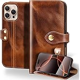 RMAWRAD Leather case Compatible with iPhone 16 pro Max Wallet 6.9 ",Full Encirclement Protection Genuine Leather Shockproof Kickstand,Flip Folio Cover with Card Slot, Brown