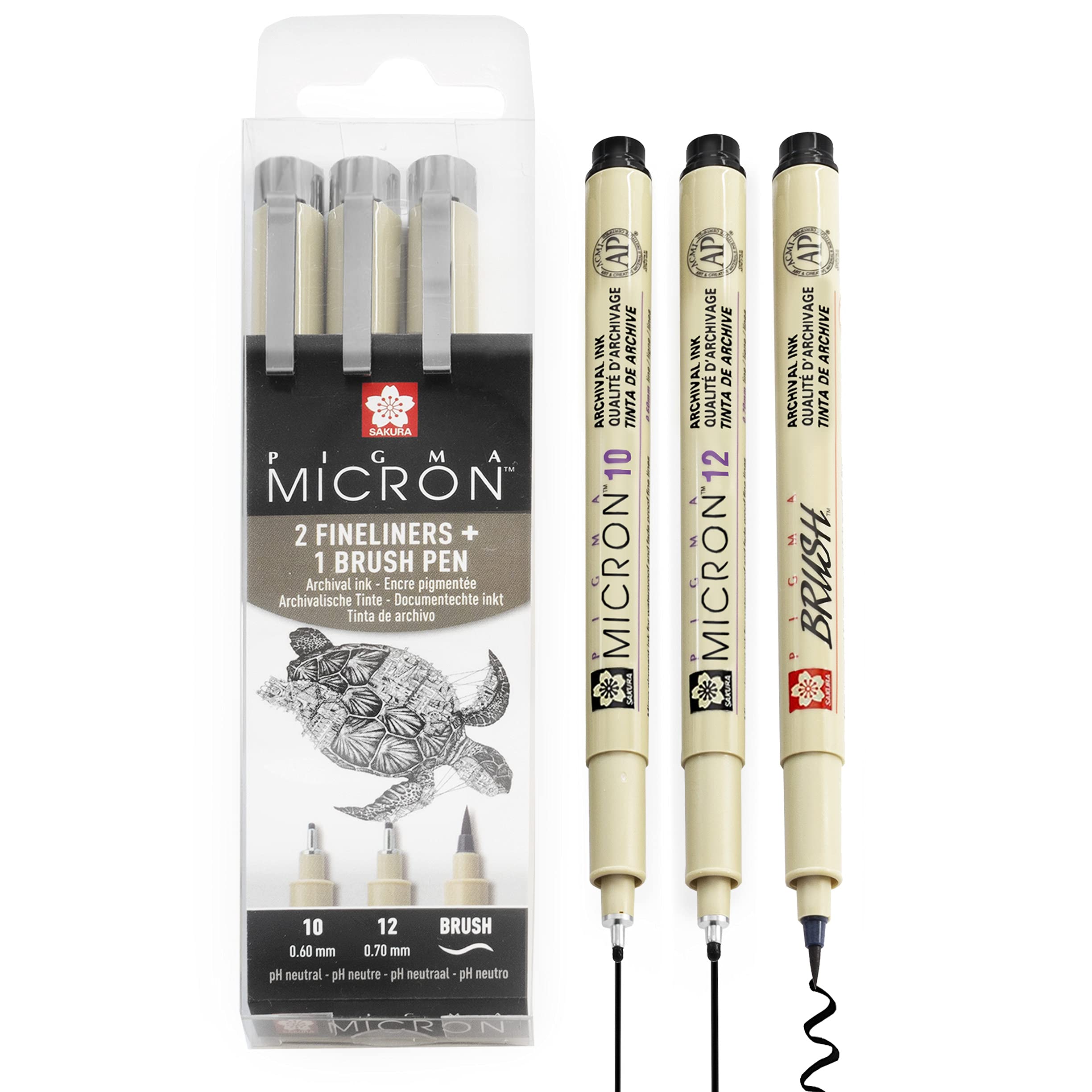 Sakura Pigma Micron 10/12/Brush Fine Point Pen - Black Ink (Pack of 3)