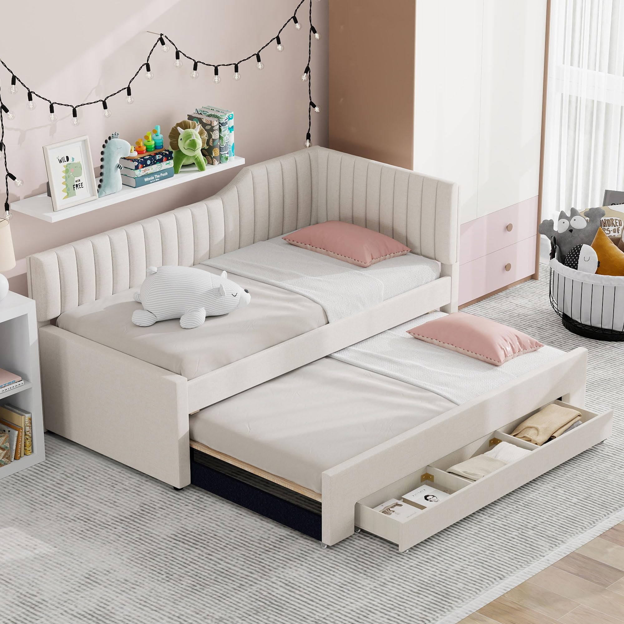 Photo 1 of **SELLING FOR PARTS AS PARTIAL SET. BOX 1 OF 2**DNYN Twin Size Upholstered Daybed with Trundle & Storage for Kids Bedroom,Solid Wood Bedframe w/ 3 Drawers & Backrest Design,Easy Assembly & Space Saving, Beige