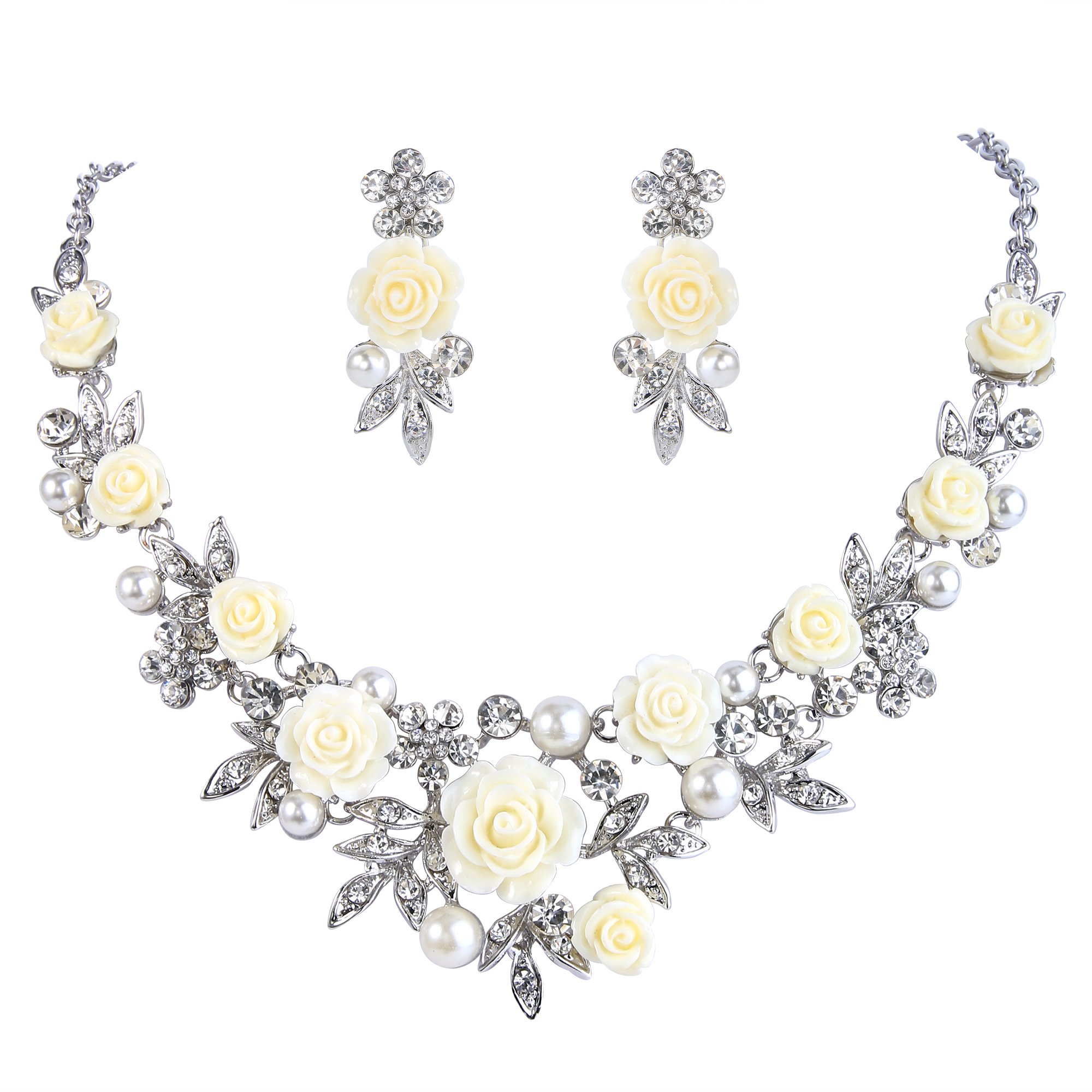 Ever Faith Crystal Simulated Pearl Rose Flower Leaf Necklace Pierced Earrings Set Clear Silver-Tone