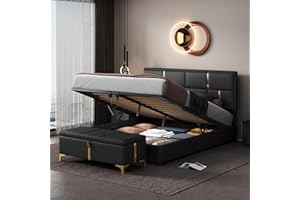 HZXINKEDZSW 2-Pieces Bedroom Sets, Queen Size PU Upholstered Platform Bed with Hydraulic Storage System, Wood Platform Bed Frame with Metal Legs Storage Ottoman for Kids Teens Adults Bedroom, Black