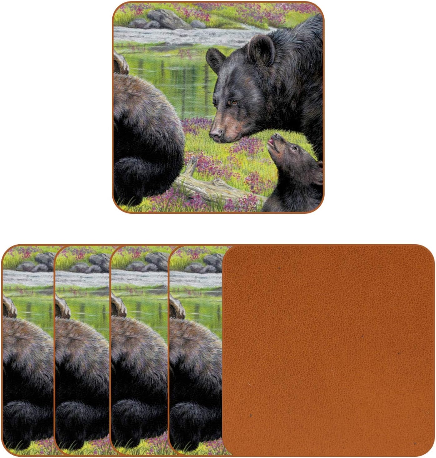 Square Drinks Coaster Set, Black Bear Mon and Baby Coasters for Drinks for Housewarming Apartment Kitchen Bar Decor, Suitable for Wooden Table, Set of 6