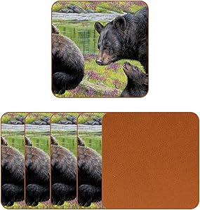 Square Drinks Coaster Set, Black Bear Mon and Baby Coasters for Drinks for Housewarming Apartment Kitchen Bar Decor, Suitable for Wooden Table, Set of 6