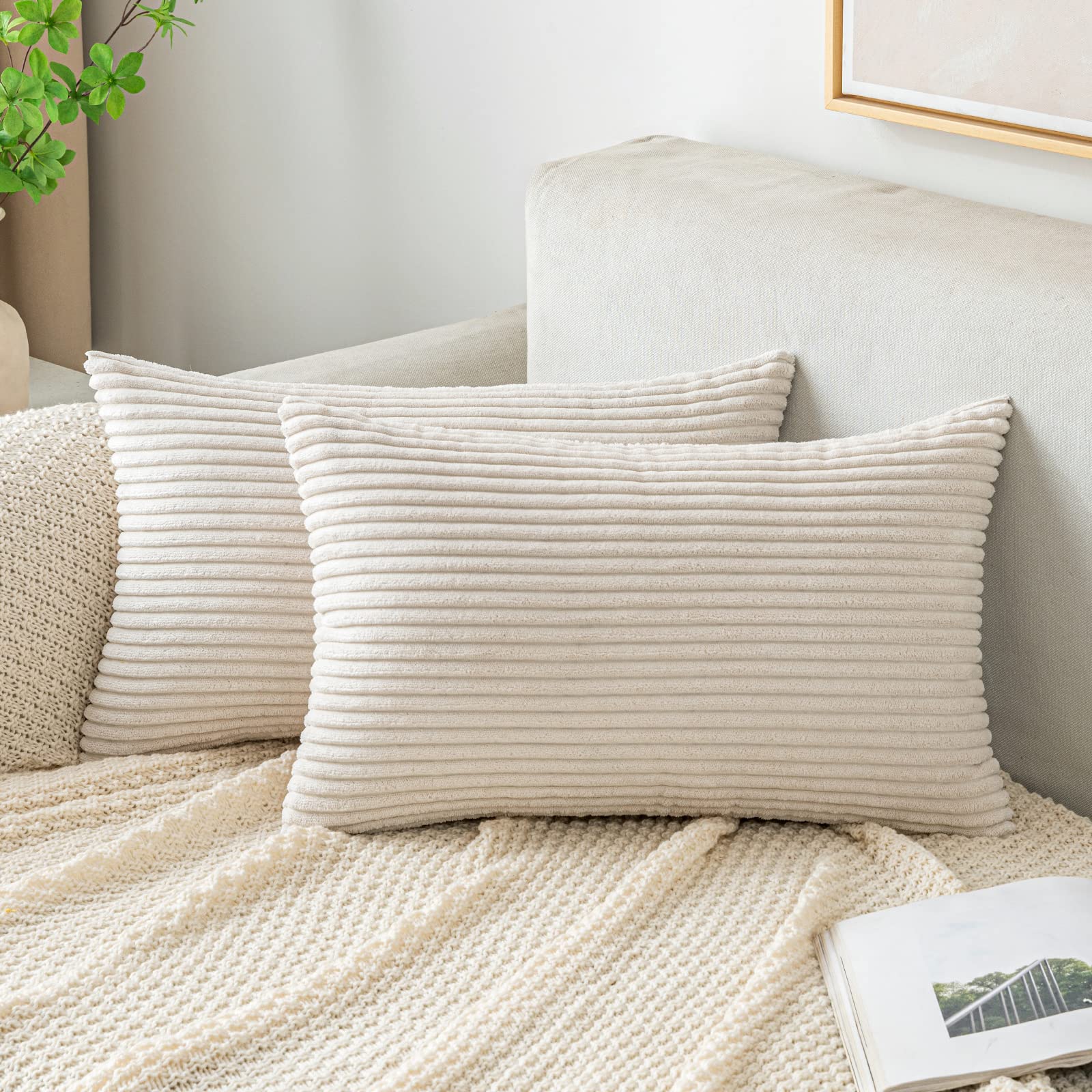 EMEMA Cushion Covers Corduroy Oblong Throw Pillow Covers Striped Soft Sham Home for Sofa Couch Bedroom Decorative Pillowcases 12x20 Inch 30x50cm Set of 2 Beige