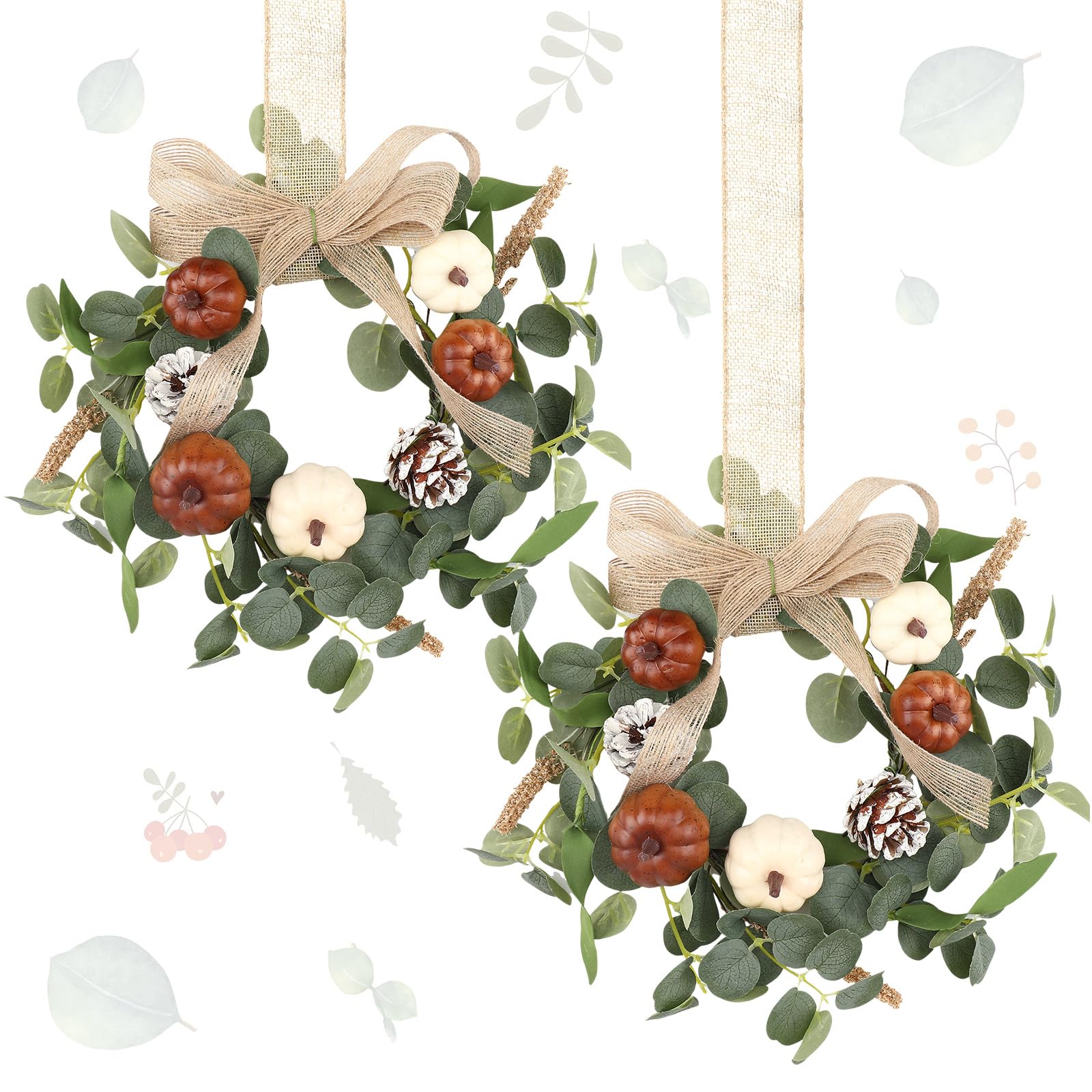 Photo 1 of Syhood 2 Pcs 9" Mini Fall Wreath Small Pumpkin Cabinet Wreath Autumn Eucalyptus Decor with Rustic Bow for Fall Harvest Thanksgiving Porch Wall Window Decor(Eucalyptus Pumpkin Style)