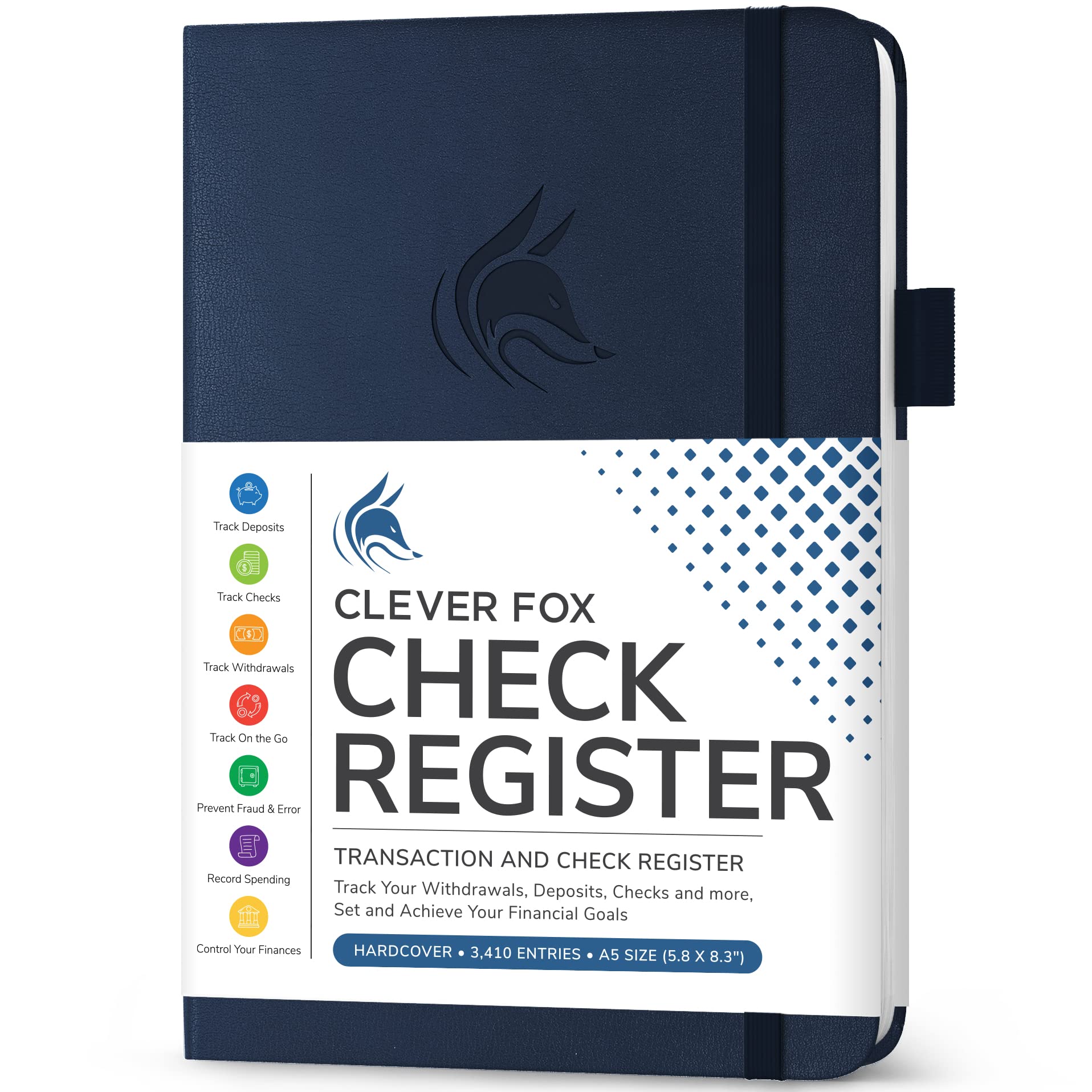Clever Fox Check Register – Deluxe Checkbook Log with Check & Transaction Registers, Bank Account Register Booklets for Personal and Work Use, A5-Sized Hardcover, Dark Blue