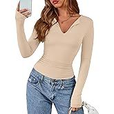 BTFBM Long Sleeve Shirts for Women 2025 Fall Fashion V Neck Knit Ruched Slim Fit Casual Basic Tees Going Out Tops Y2k