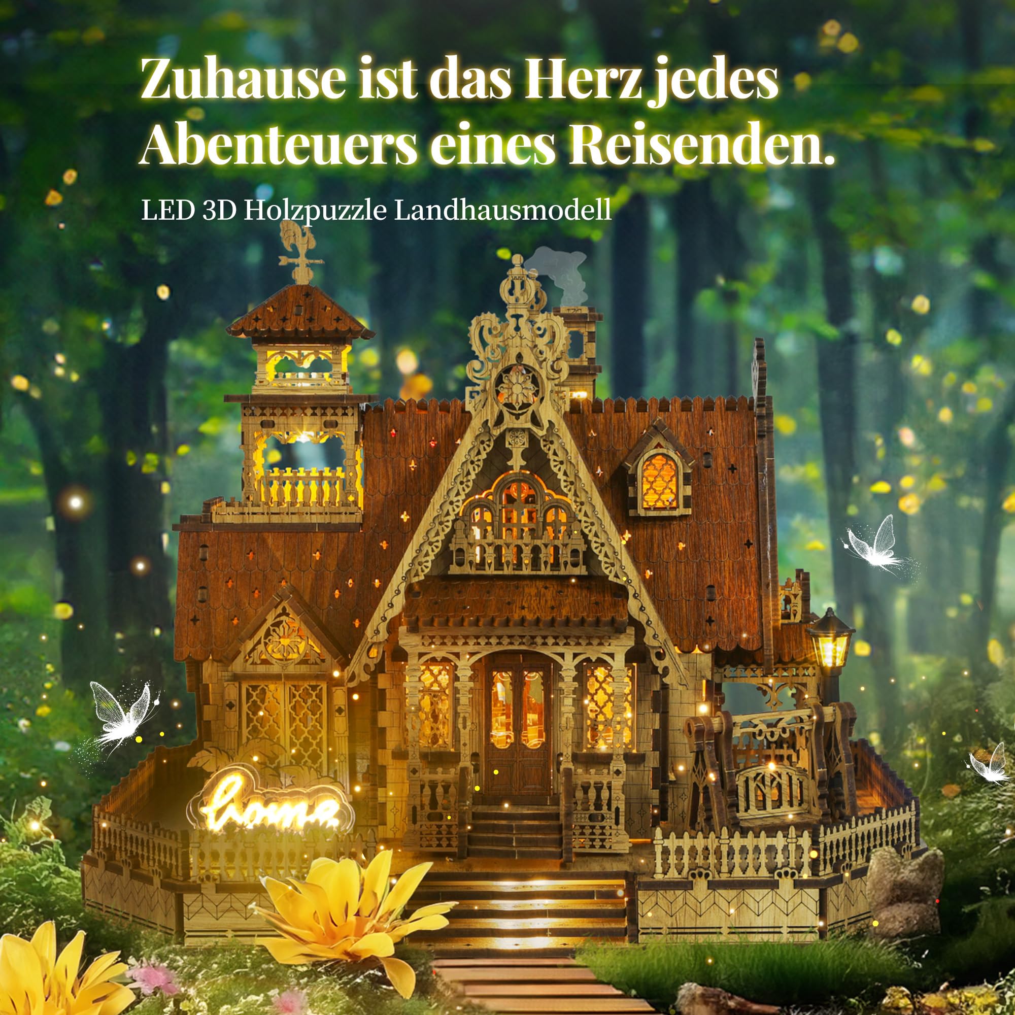 FUNPOLA LED 3D Holzpuzzle für Erwachsene - DIY Miniatur-Bausatz mit LED-Blitz - Erwachsene 3D Handmade Rustic Architecture Home Decor Geschenk (Rural Cottage) 2