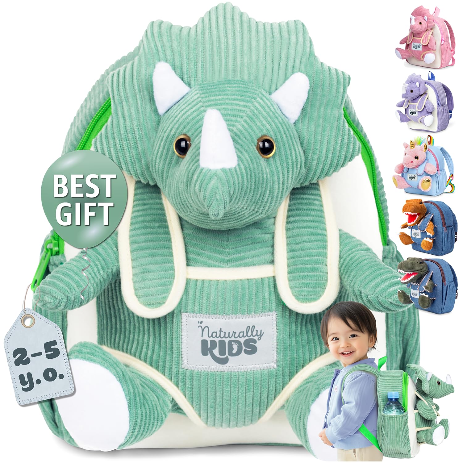 Naturally KIDS Green Dinosaur Backpack, Dinosaur Toys for Girls Boys, Toddler Backpack for Girls w Stuffed Animal