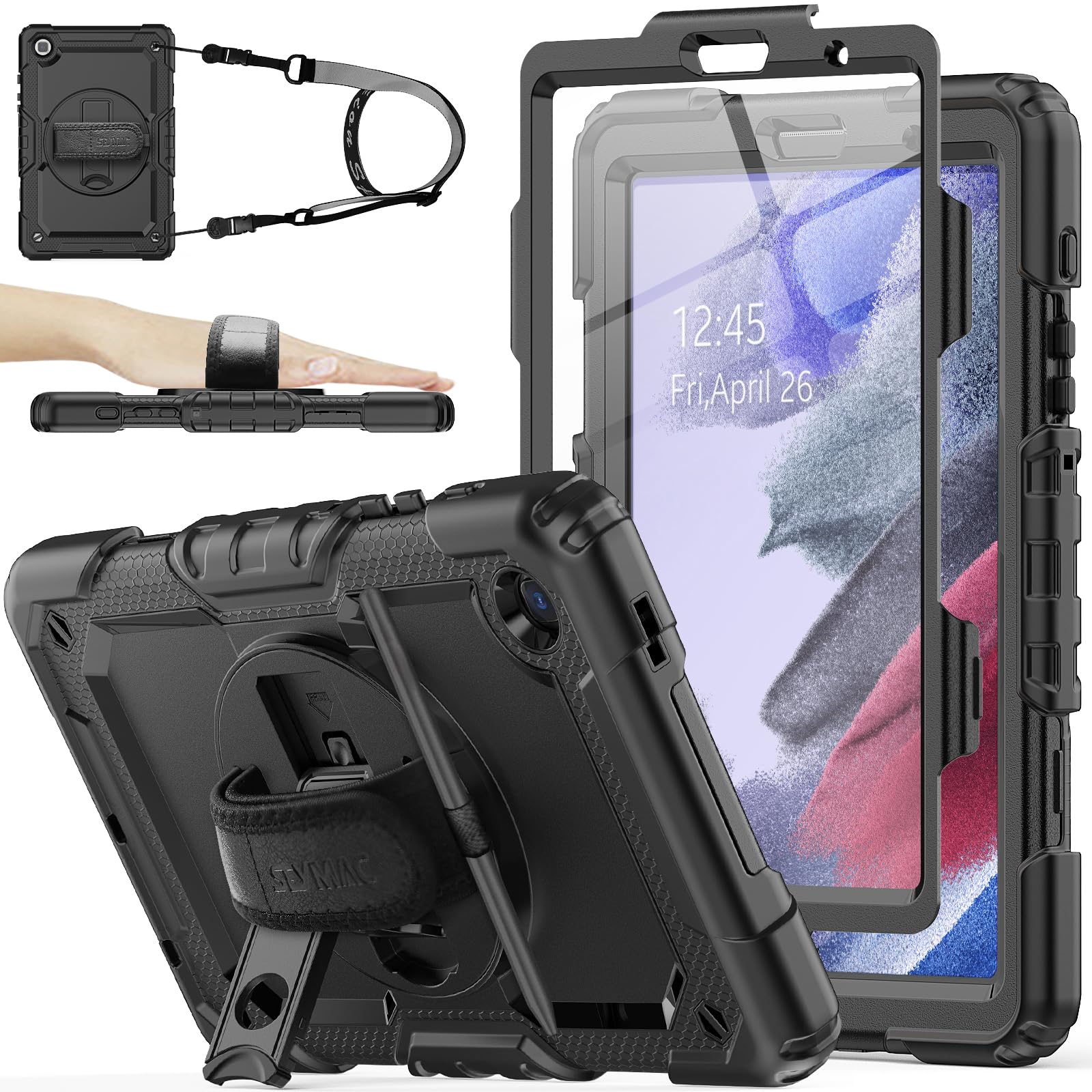 SEYMAC stock Case for Samsung Galaxy Tab A7 Lite 8.7'' with Screen Protector Pen Holder [360 Rotating Hand Strap]& Stand, Drop-Proof Case for Samsung Galaxy Tab A7 Lite 2021 SM-T220/T225, Black