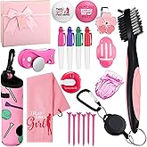 WinnerWhy 21 Pcs Christmas Pink Golf Accessories Kit Include Woman Golf Towel Balls Tees Cleaner Brush Divot Tool Retractable Clip Bag Pens Hat Clips Timepiece Scriber Gifts for Women Mother's Gift