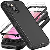 HONG-AMY for iPhone 13 Mini Case, Heavy Duty Protection 3-Layers [Shockproof] [Dropproof] [Anti-Slip] Phone Cover [with 2 Tempered Glass Screen Protectors] for Apple 13 Mini (Black)