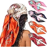 DRESHOW 35” Large Square Satin Head Scarf - 4Pcs Silk Accessories Classic Patterned Squares Beach Bandanas for Women