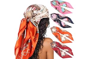 DRESHOW 35” Large Square Satin Head Scarf - 4Pcs Silk Accessories Classic Patterned Squares Beach Bandanas for Women
