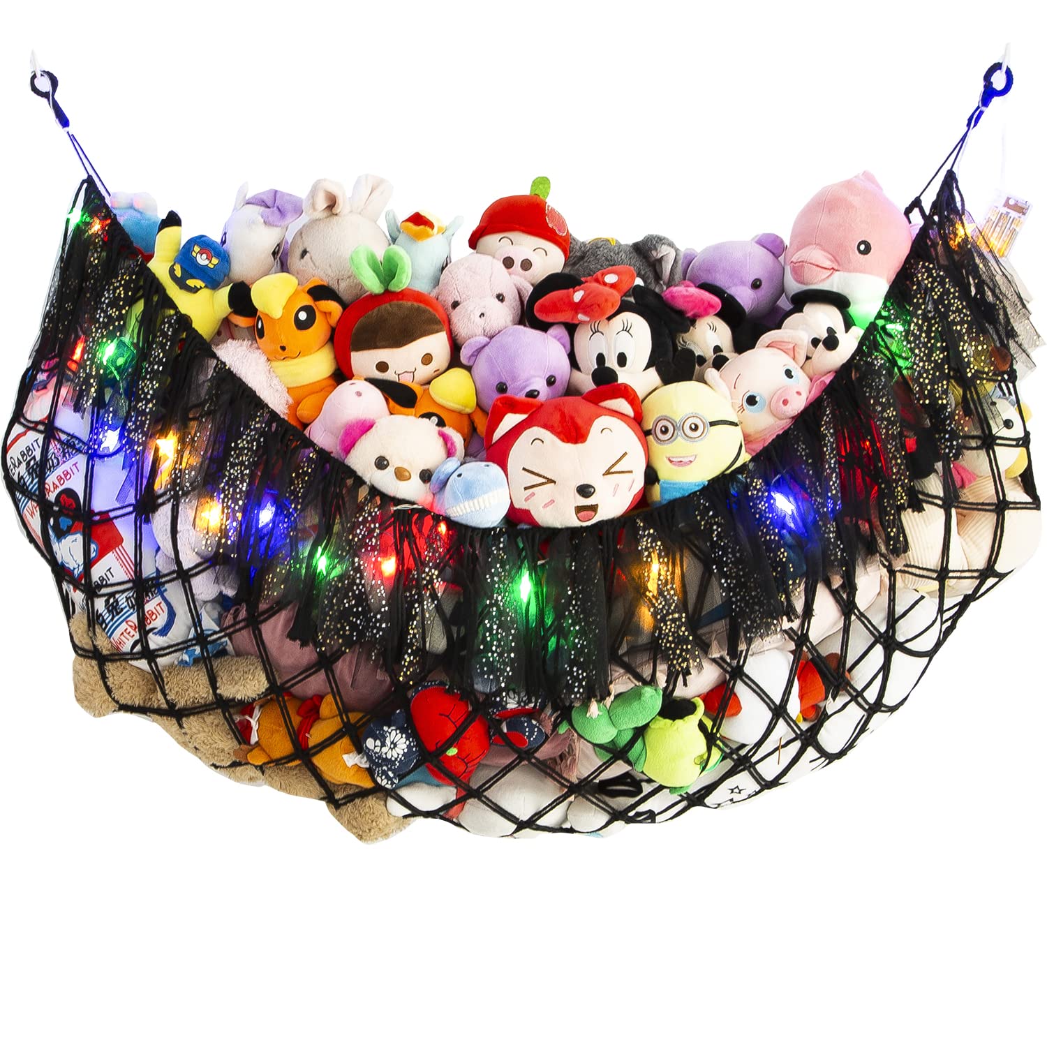 Extra Large Stuffed Animal Hammock with Light Wall Mounted- Teddy Hammock Plushies Net Soft Toy Organizer Boho Macrame Toy Hammock Corner Hanging Net for Nursery Bedroom Playroom-Black