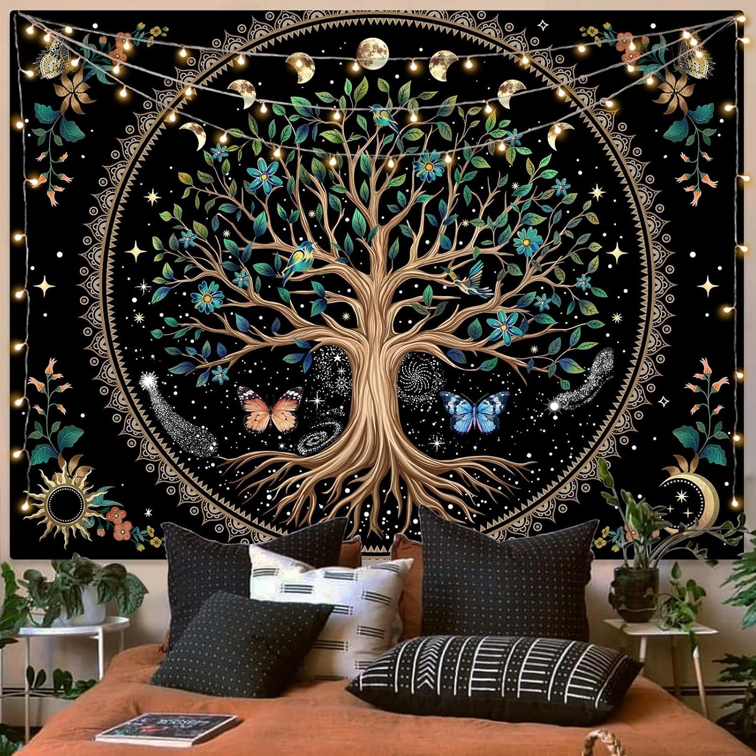 Tapestries - Lunerfex Tree of Life Tapastry Butterfly Moon Flower Boho Floral Plant Tapestries for Bedroom Aesthetic's Wall Hanging Mandala Botanical Tapestry for Living Room Dorm (black, 36x48 inches)